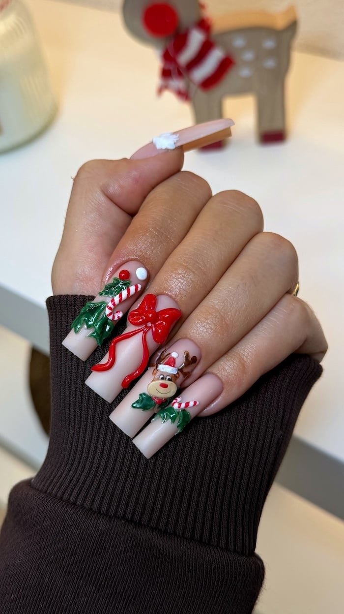 Long Square Nude With 3D Christmas Characters Long Square Nude With 3D Christmas Characters — Christmas Acrylic Nails