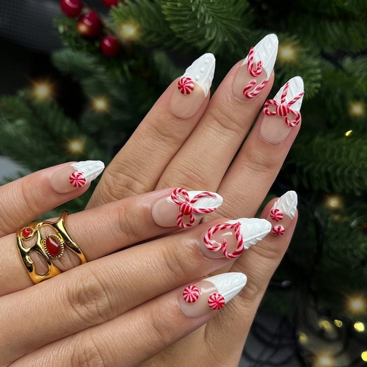 Long Pointed White With 3D Candy Cane Bows Long Pointed White With 3D Candy Cane Bows — Christmas Acrylic Nails