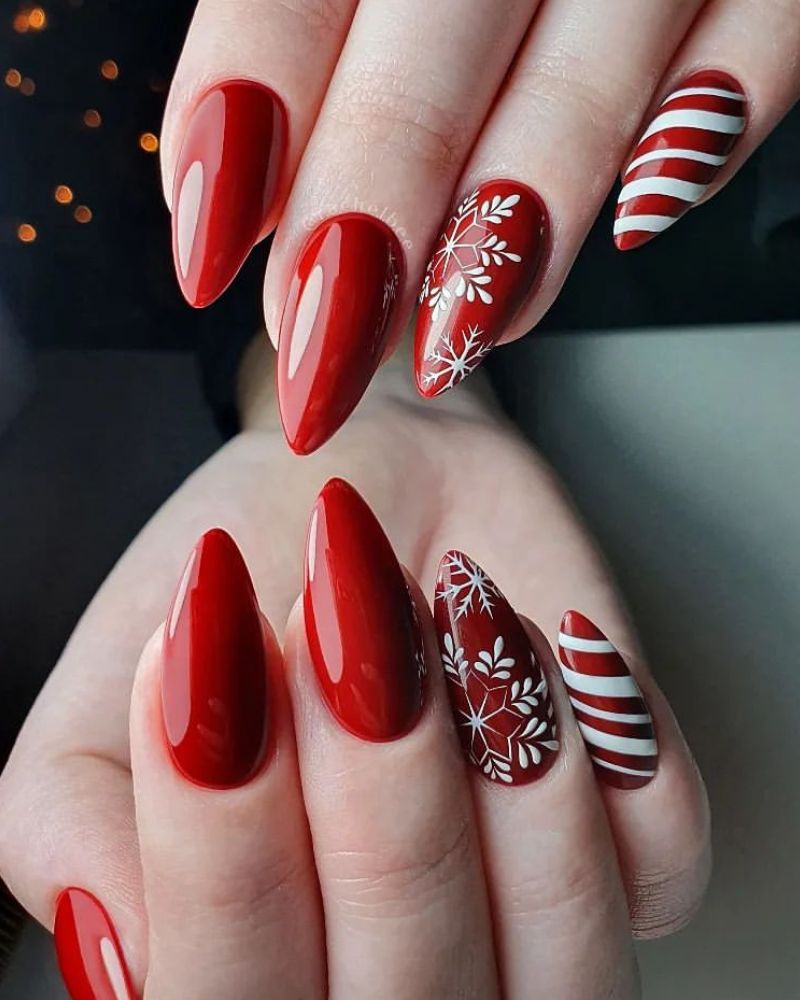 Medium Almond Vibrant Red With White Snowflakes Medium Almond Vibrant Red With White Snowflakes — Christmas Acrylic Nails