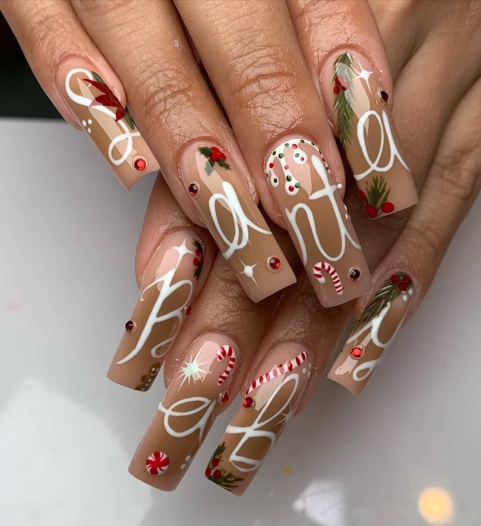 Extra Long Square Tan With Gingerbread Men Extra Long Square Tan With Gingerbread Men — Christmas Acrylic Nails