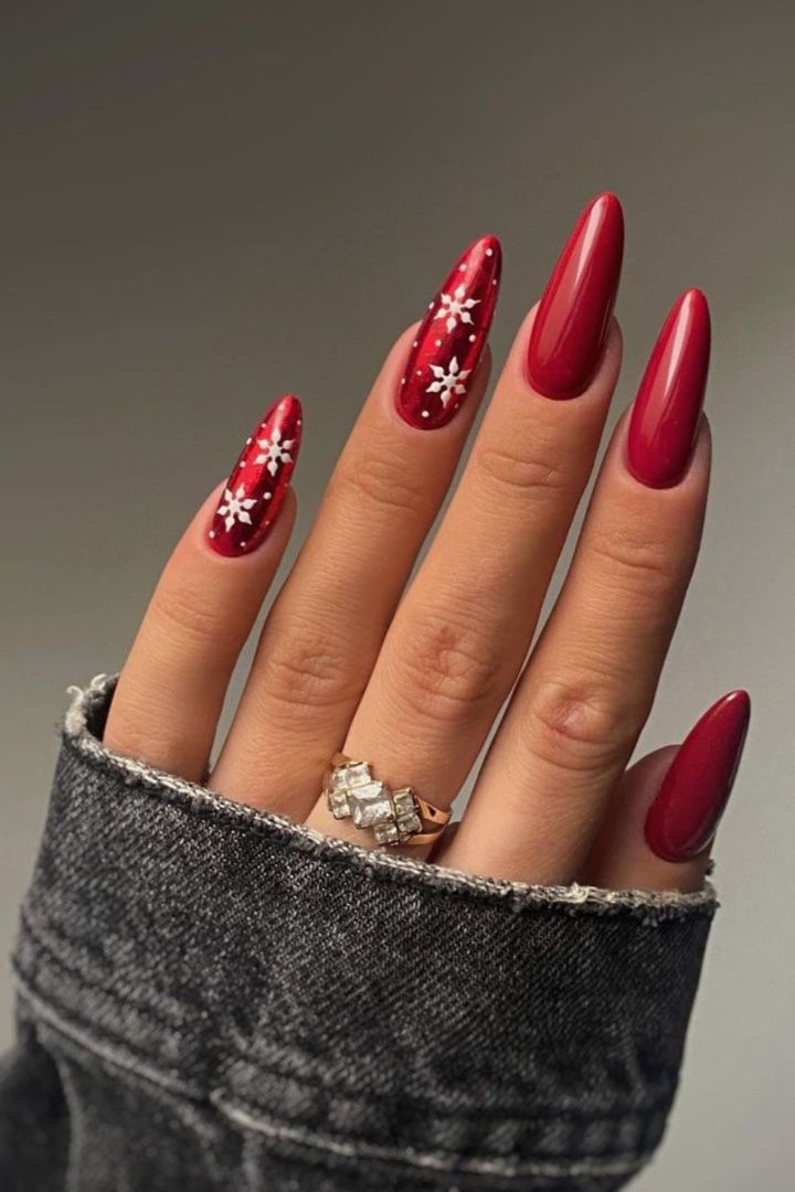 Long Almond Glossy Red With White Snowflakes, Close-Up Take Long Almond Glossy Red With White Snowflakes, Close-Up Take — Christmas Acrylic Nails