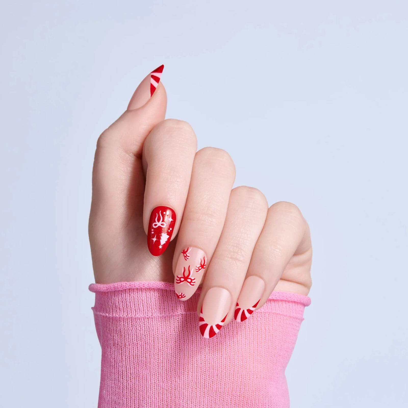 Long Stiletto Nude Red White With Reindeer Long Stiletto Nude Red White With Reindeer — Christmas Acrylic Nails