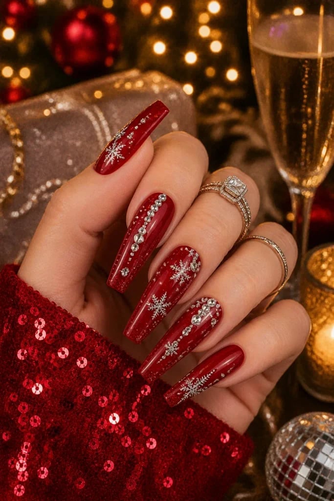 Long Coffin Deep Red With Rhinestones and Snowflakes Long Coffin Deep Red With Rhinestones and Snowflakes — Christmas Acrylic Nails
