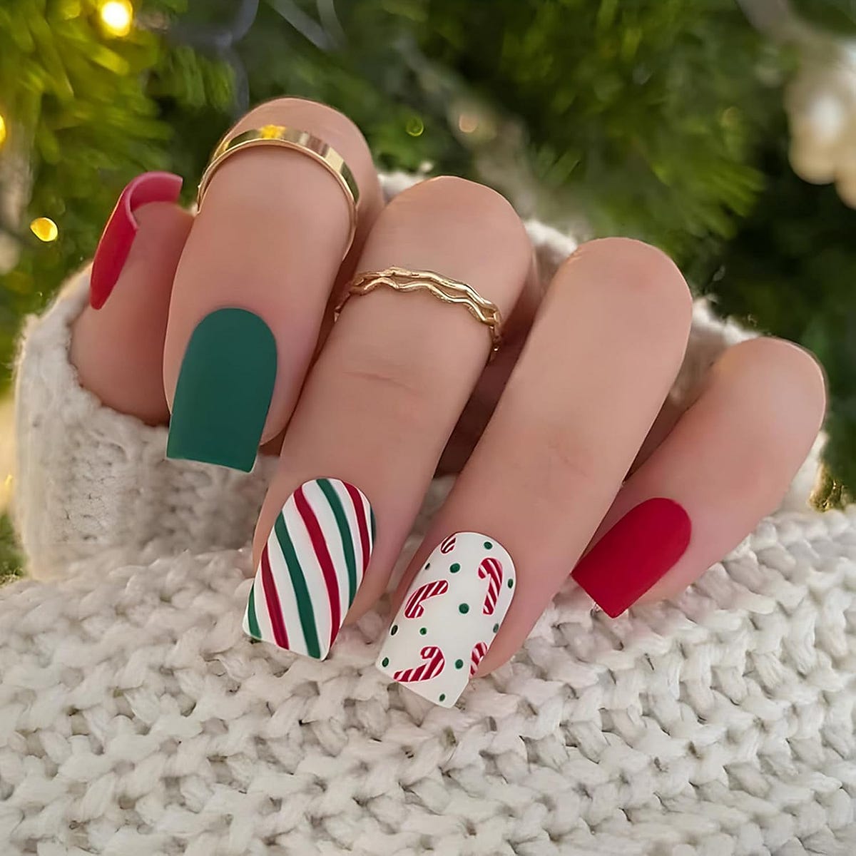 Short Square Matte Red Green With Candy Cane Stripes Short Square Matte Red Green With Candy Cane Stripes — Christmas Acrylic Nails