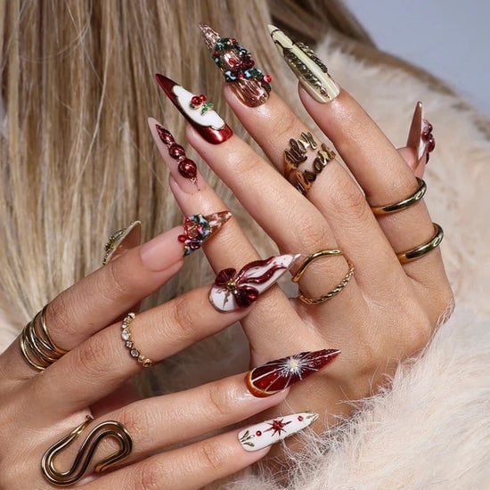 Long Stiletto Red White Gold With 3D Ornaments Long Stiletto Red White Gold With 3D Ornaments — Christmas Acrylic Nails