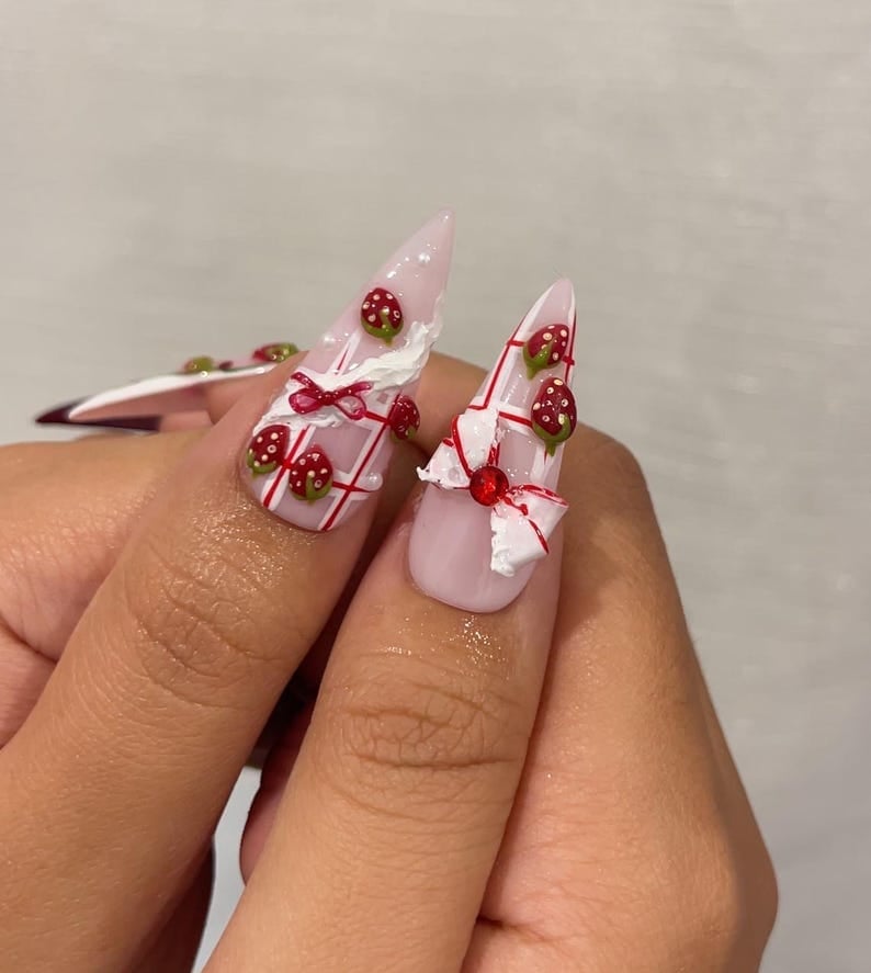Long Stiletto Sheer Pink With 3D Strawberries and Bows, Glossy Long Stiletto Sheer Pink With 3D Strawberries and Bows, Glossy — Christmas Acrylic Nails