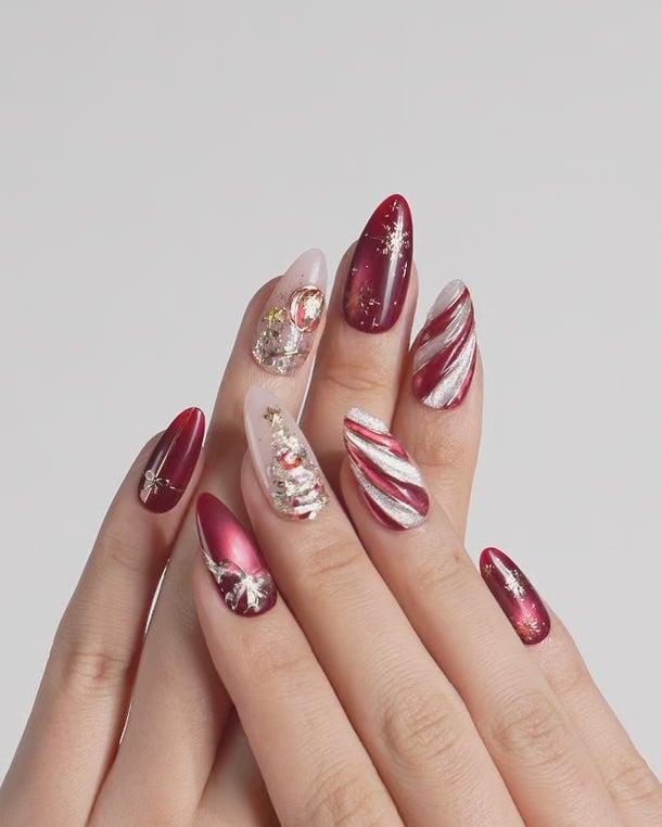Medium Almond Red White Gold Mix With Sculpted Details Medium Almond Red White Gold Mix With Sculpted Details — Christmas Acrylic Nails