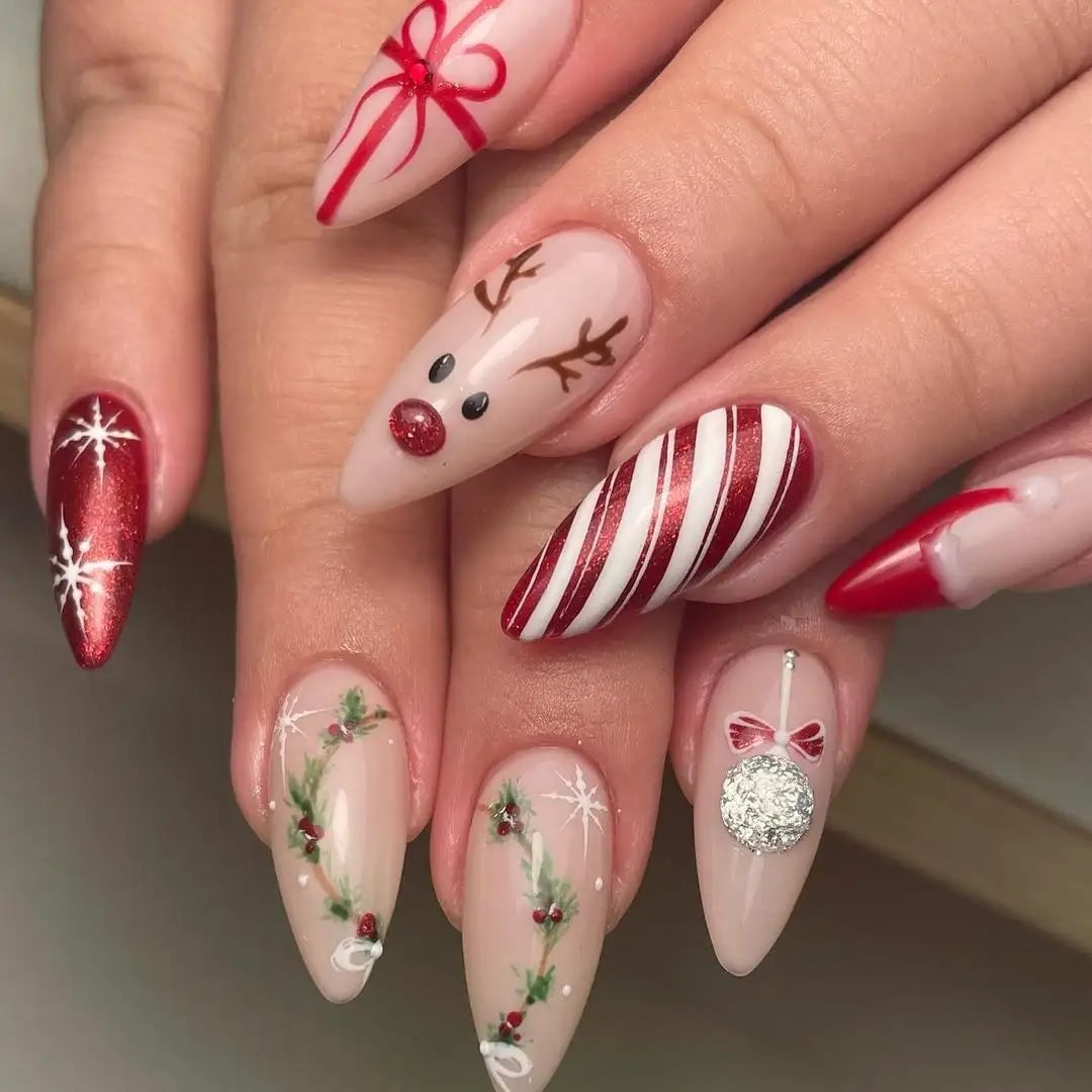 Long Pointed Almond Christmas Motif Variety Long Pointed Almond Christmas Motif Variety — Christmas Acrylic Nails