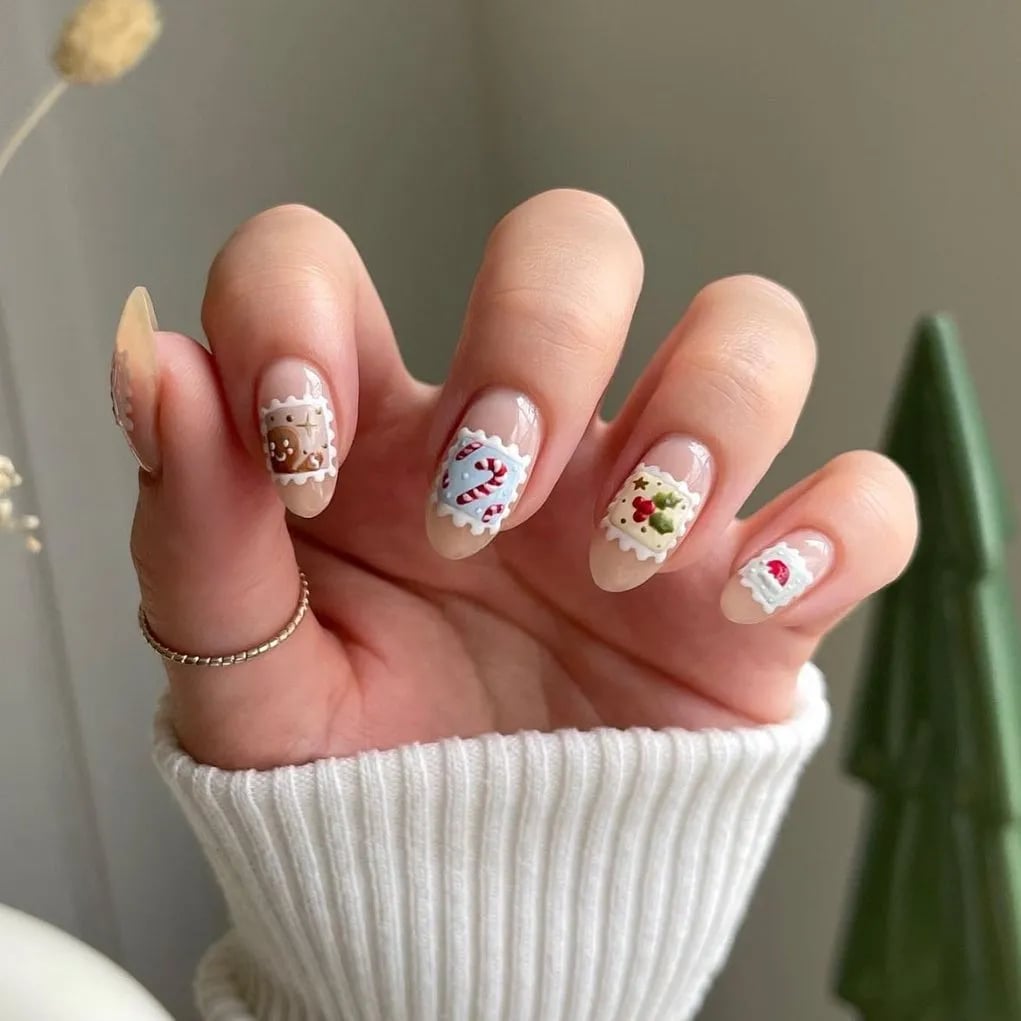 Medium Almond Nude With Postage Stamp Stickers Medium Almond Nude With Postage Stamp Stickers — Christmas Acrylic Nails