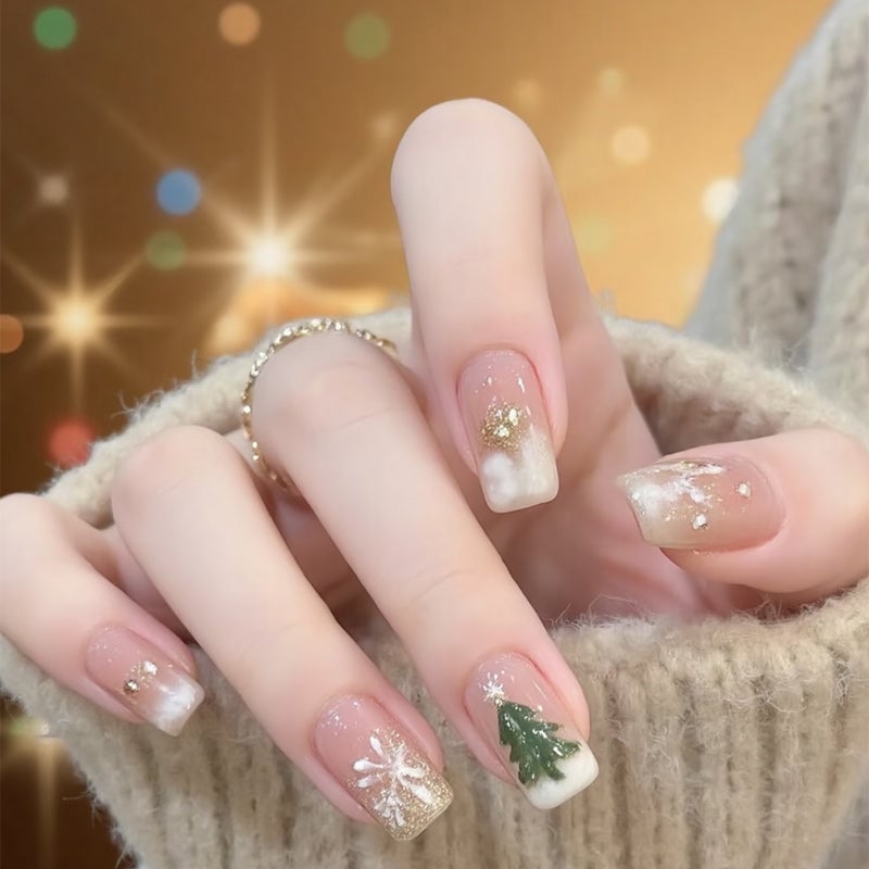 Short Soft Square Nude With Snowflakes and Glitter Short Soft Square Nude With Snowflakes and Glitter — Christmas Acrylic Nails