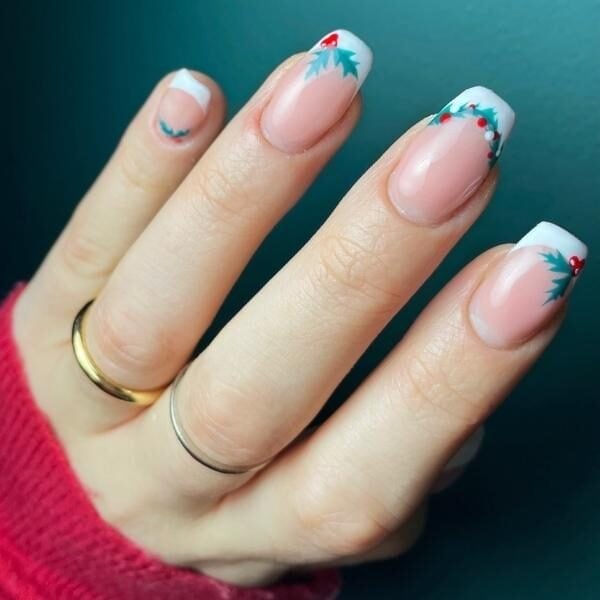 Medium Square Holly Berry French Tips — Christmas French Tips
