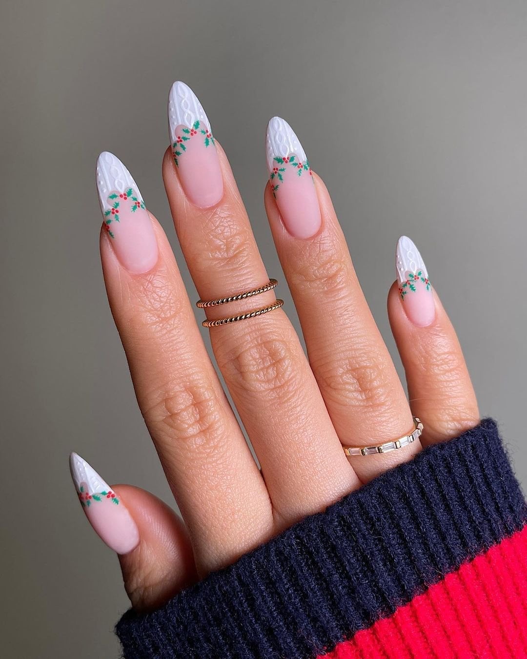 Long Stiletto Holly Berry French Tips — Christmas French Tips