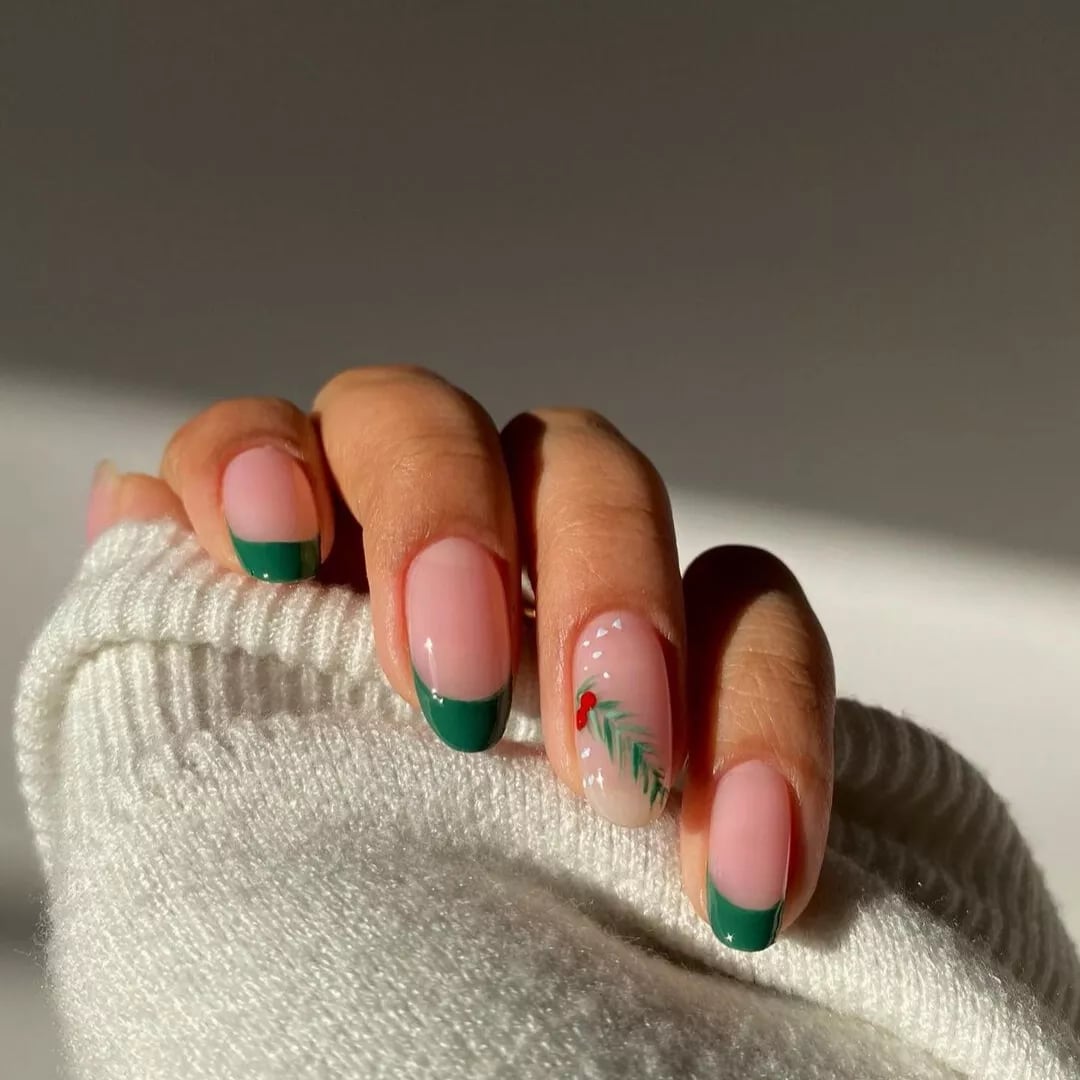 Short Almond Deep Green Pine Sprig French Tips — Christmas French Tips