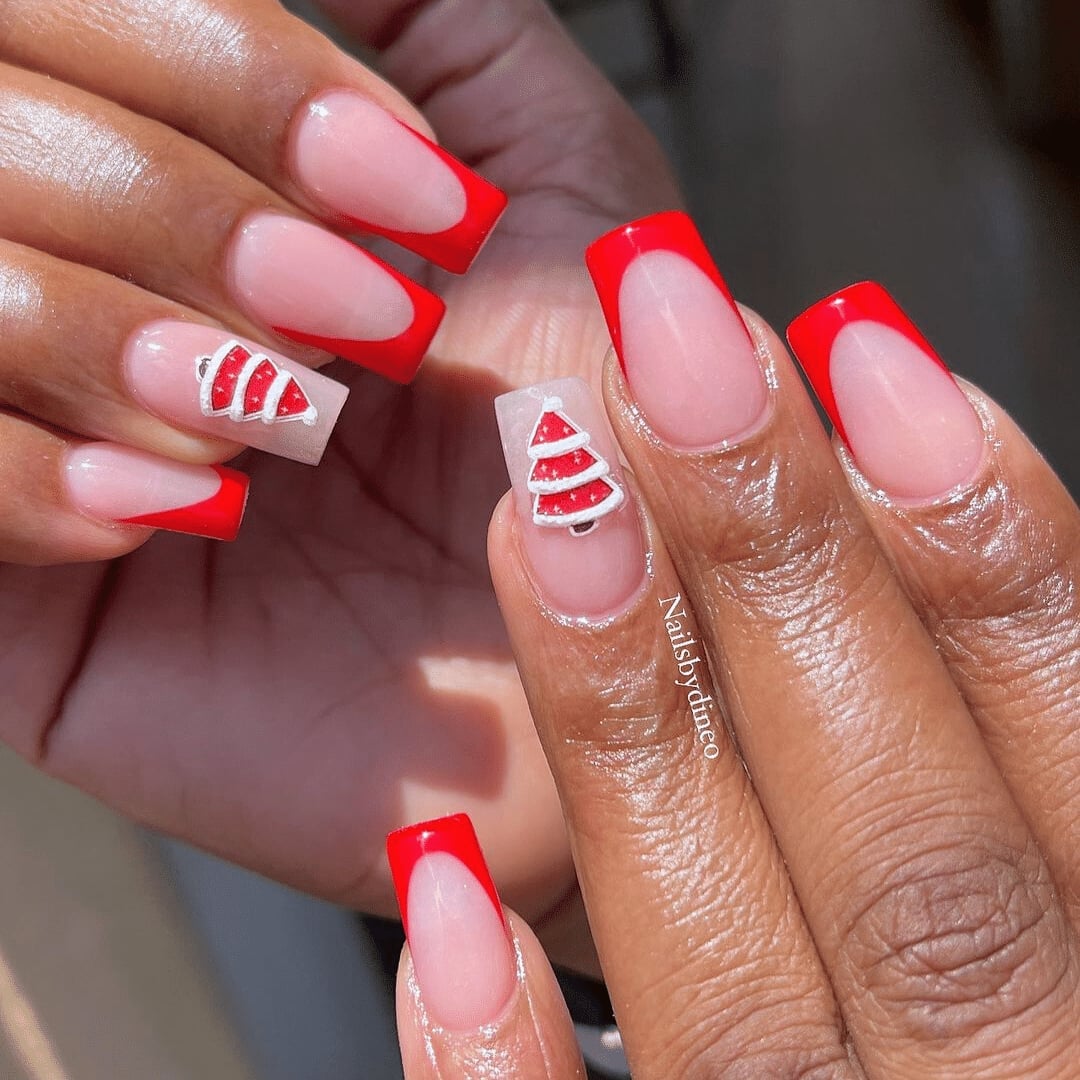 Medium Square 3D Christmas Tree Red French Tips — Christmas French Tips