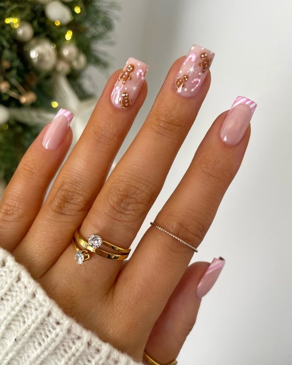 Medium Square Gingerbread Candy Cane French Tips — Christmas French Tips