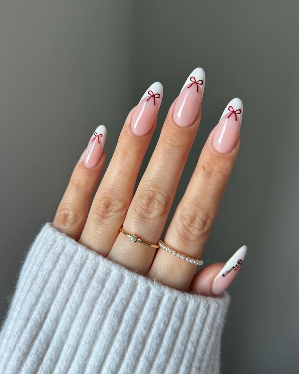 Long Stiletto Red Bow Christmas French Tips