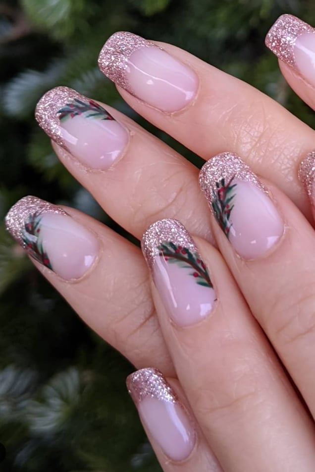 Short Square Glitter Christmas Branch French Tips, Sheer Pink Base — Christmas French Tips