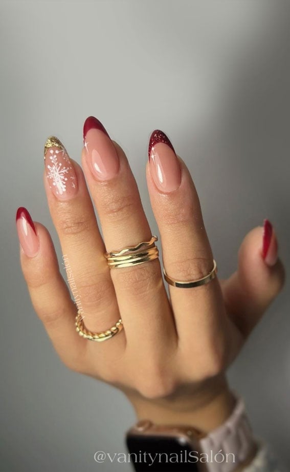 Medium Almond Red Glitter Snowflake French Tips, Sheer Pink — Christmas French Tips