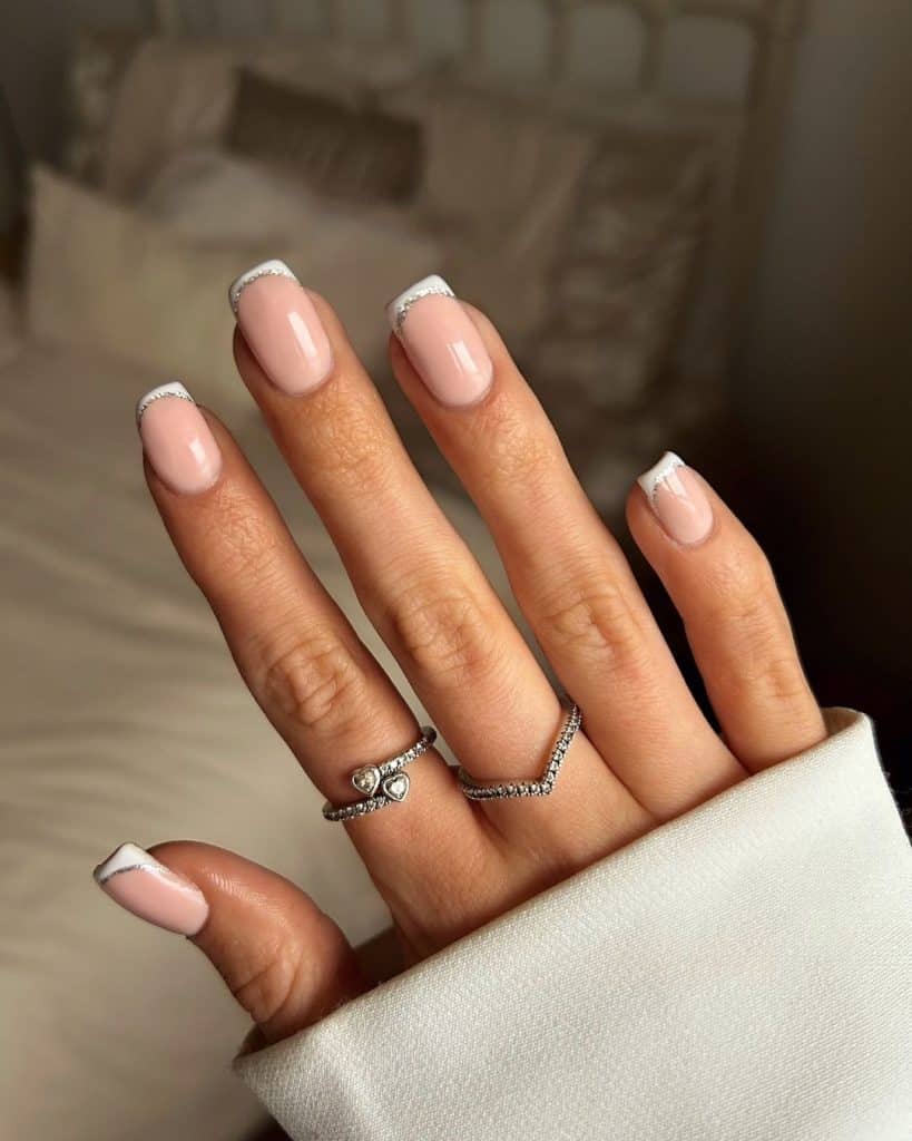 Short Square Thin Silver Glitter French Tips — Christmas French Tips