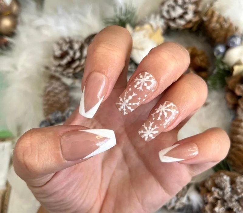 Long Square V-Shape Snowflake French Tips — Christmas French Tips
