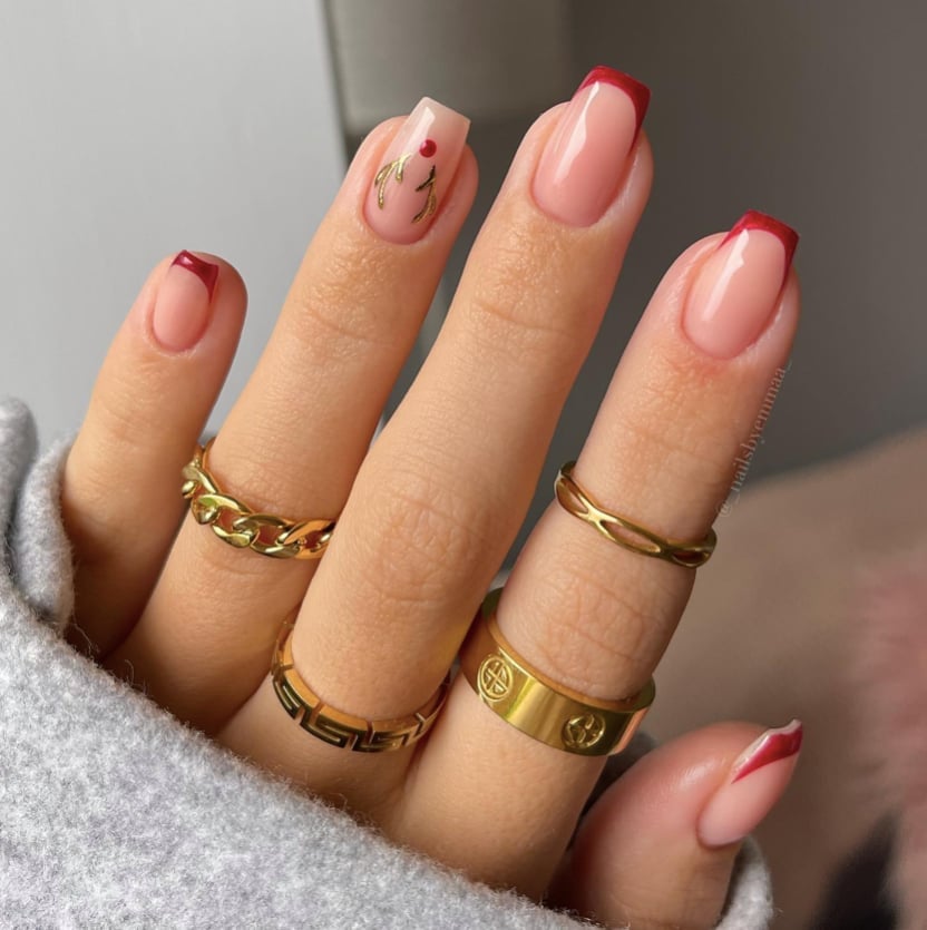 Short Square Red Gold Leaf French Tips — Christmas French Tips