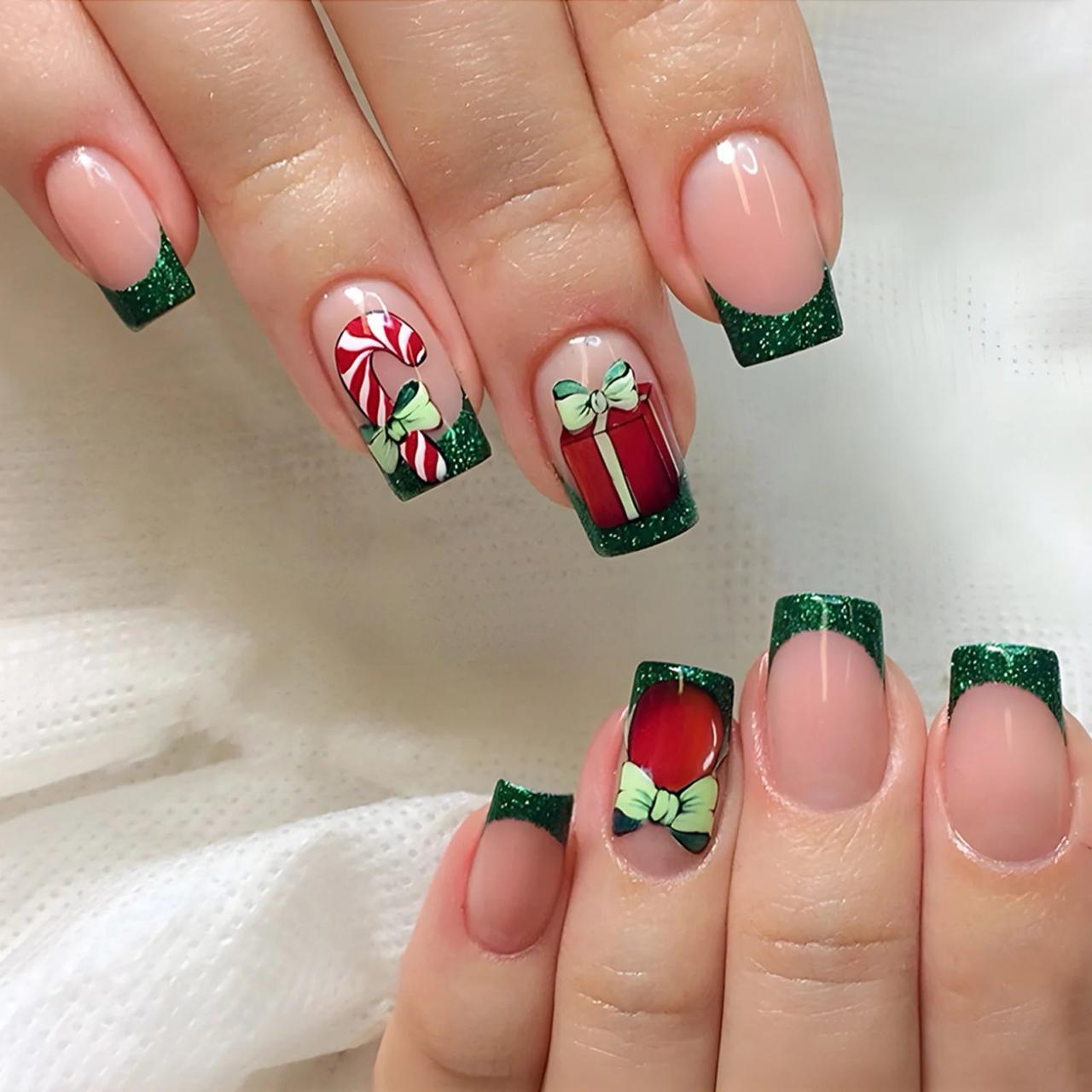 Medium Almond Glitter Green Bow Gift Box Nails — Christmas French Tips