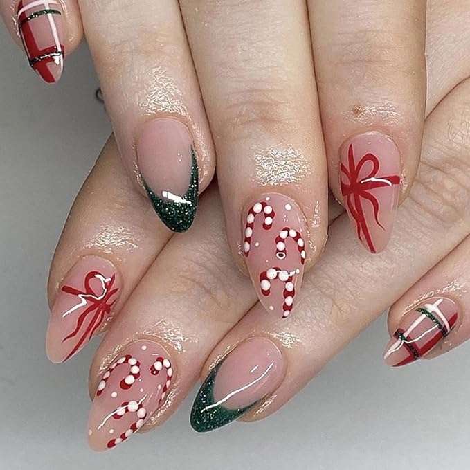 Long Almond Mixed Christmas Pattern French Tips — Christmas French Tips
