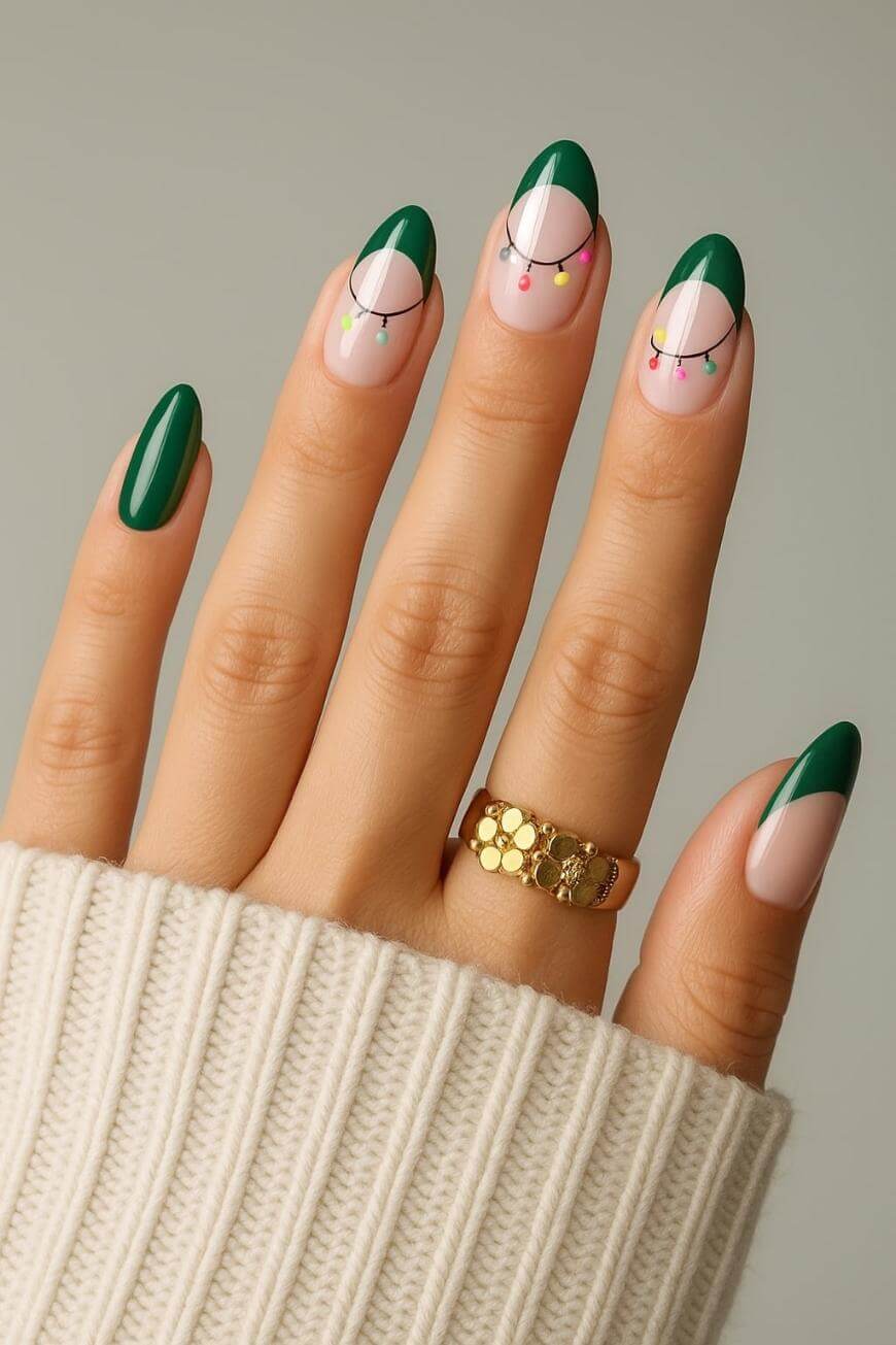 Medium Almond Green Christmas Lights French Tips — Christmas French Tips