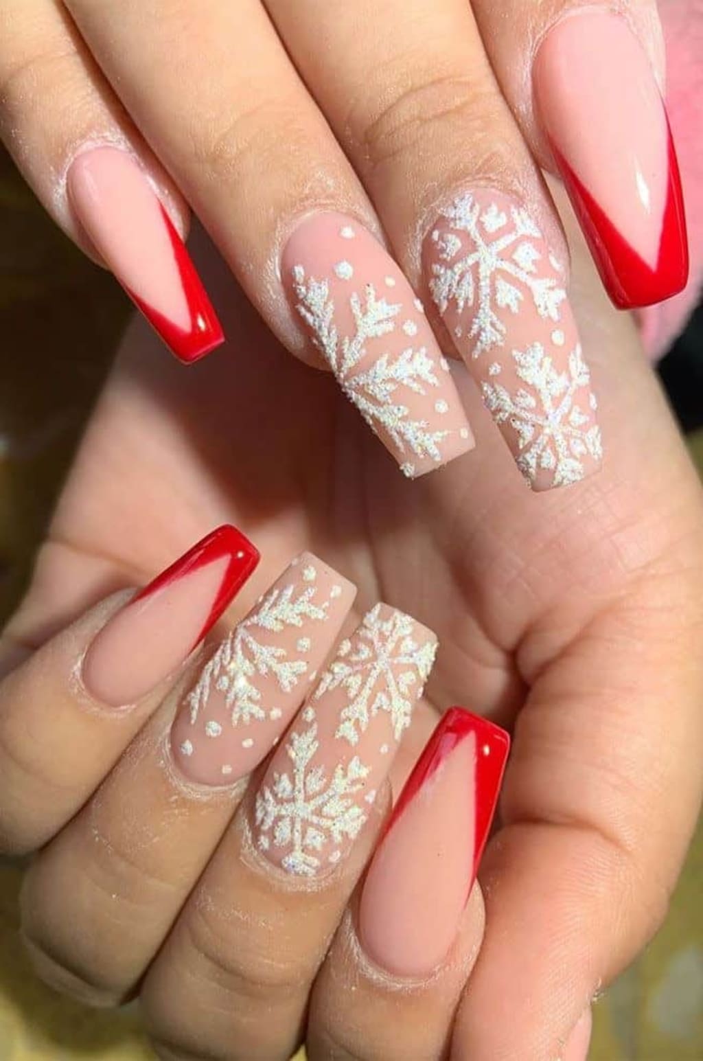 Long Coffin Textured Snowflake Red French Tips — Christmas French Tips