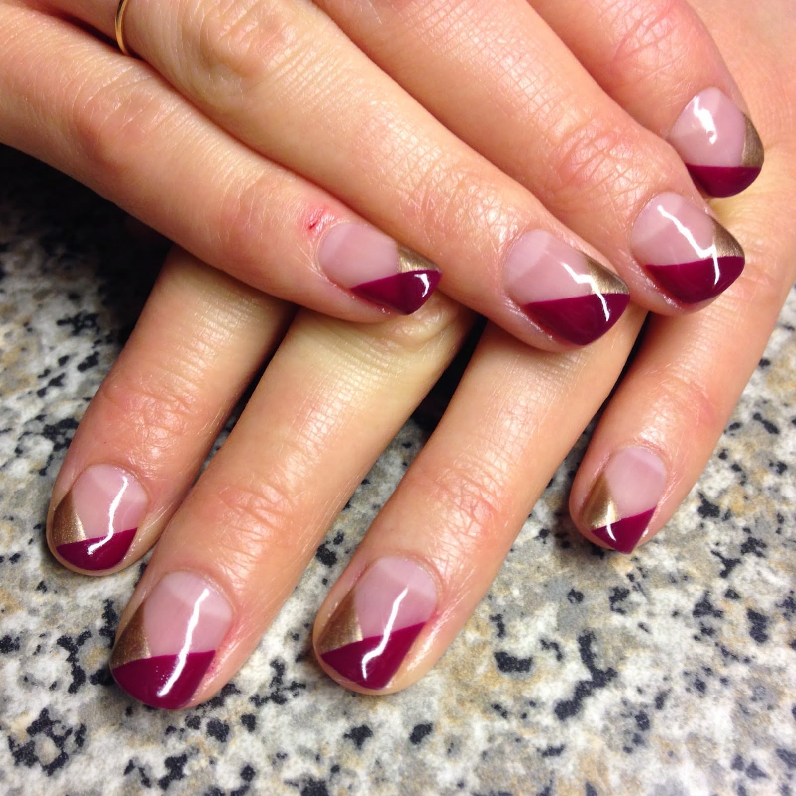 Medium Square Burgundy Gold Color Block Tips — Christmas French Tips