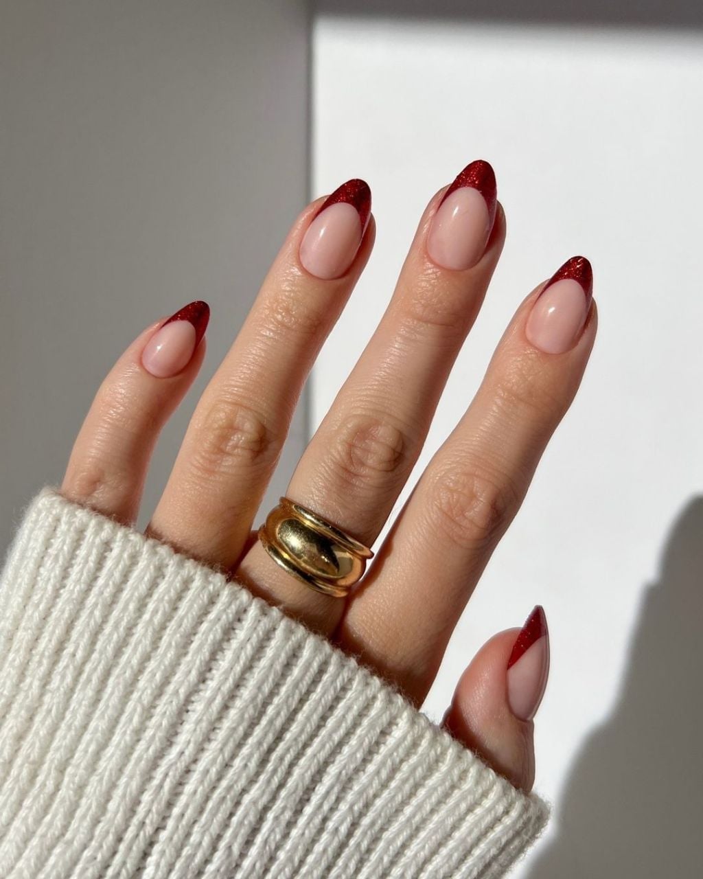 Medium Almond Red Glitter French Tips — Christmas French Tips