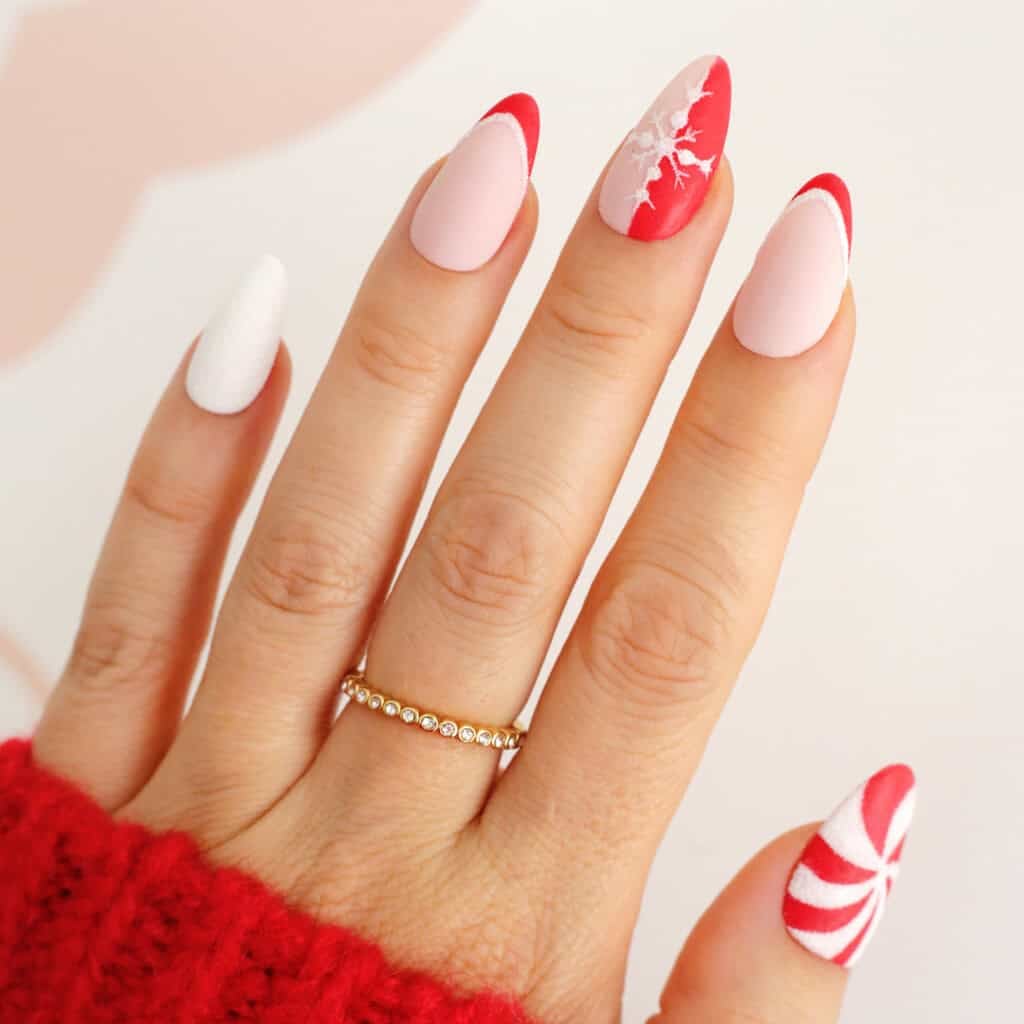 Medium Stiletto Matte Red Snowflake French Tips — Christmas French Tips