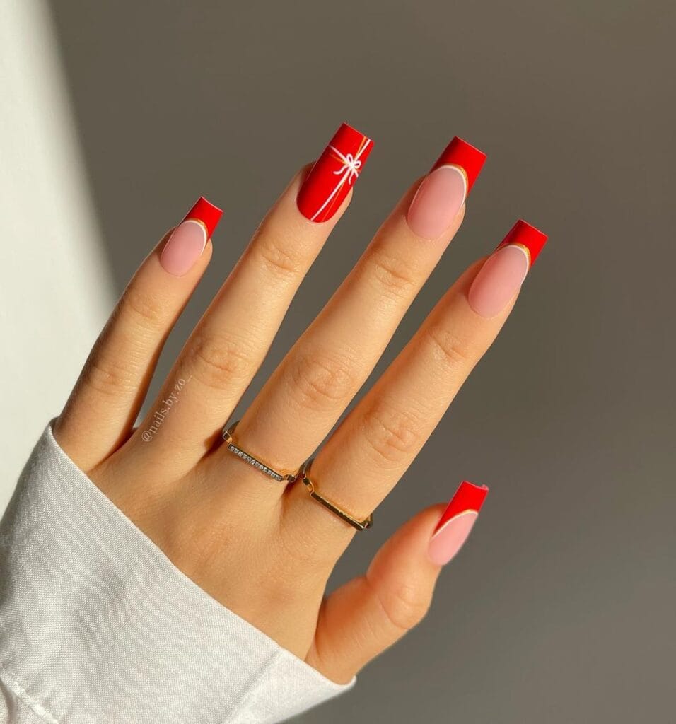 Long Square White Bow Red French Tips — Christmas French Tips
