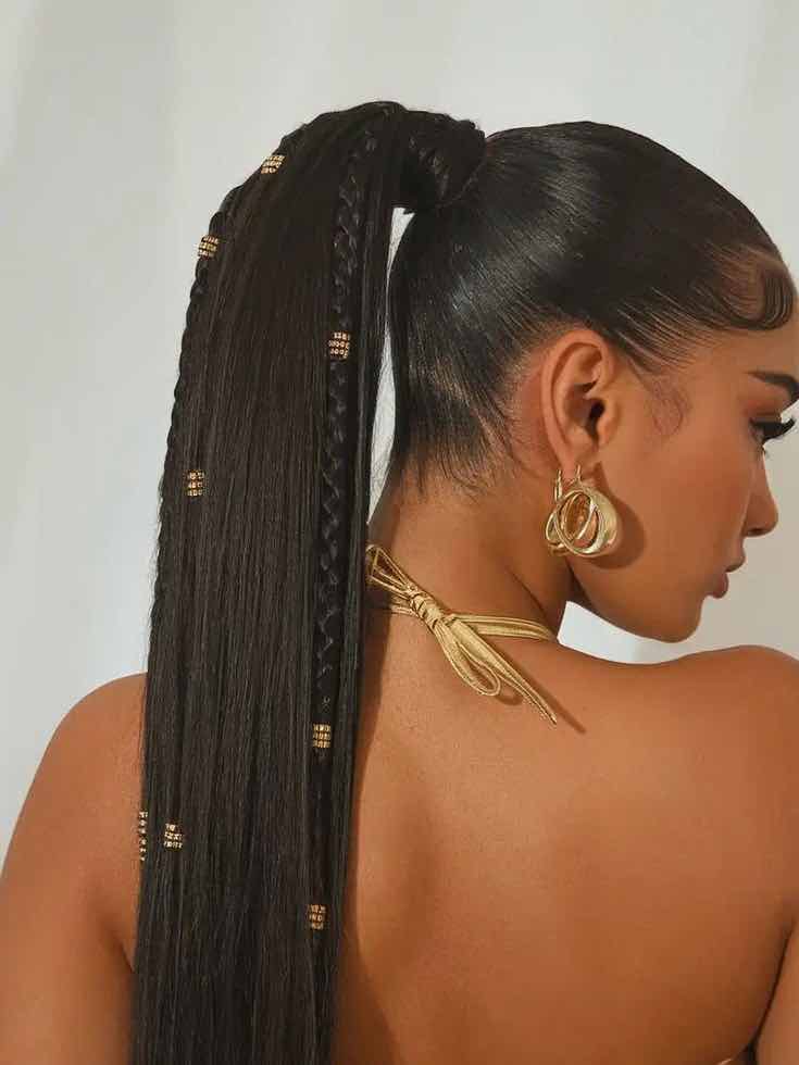 Black High Ponytail With Beaded Braid — Christmas Hairstyles