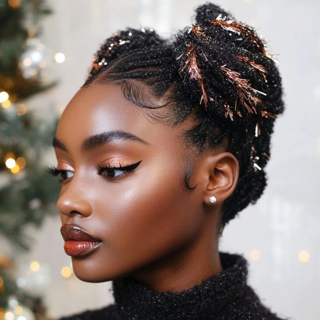 Black Braided Buns With Festive Tinsel — Christmas Hairstyles