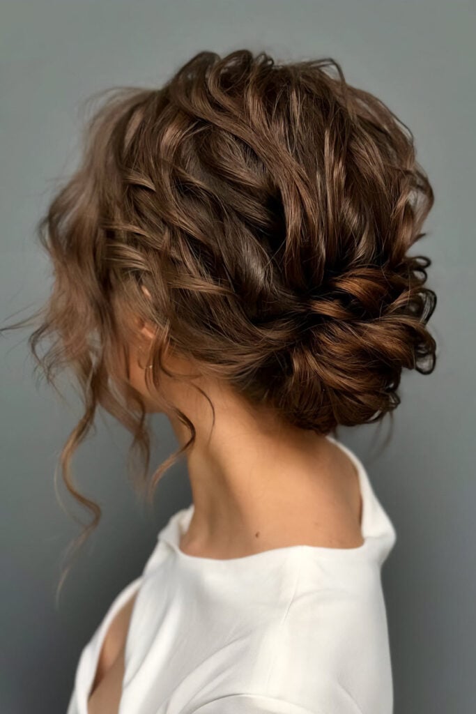 Textured Brown Updo With Loose Tendrils — Christmas Hairstyles