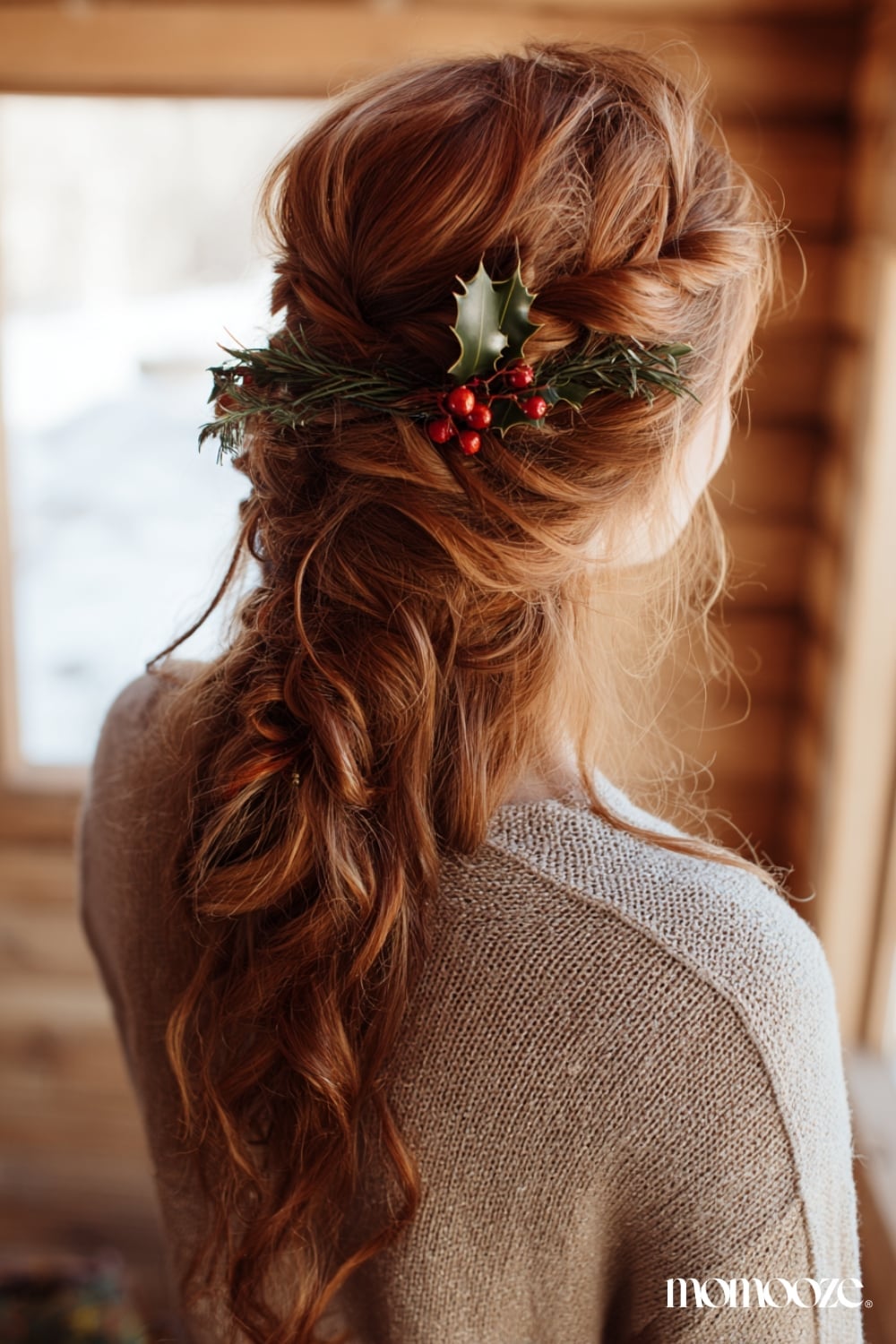 Red Wavy Updo With Holly Berry Accessory — Christmas Hairstyles