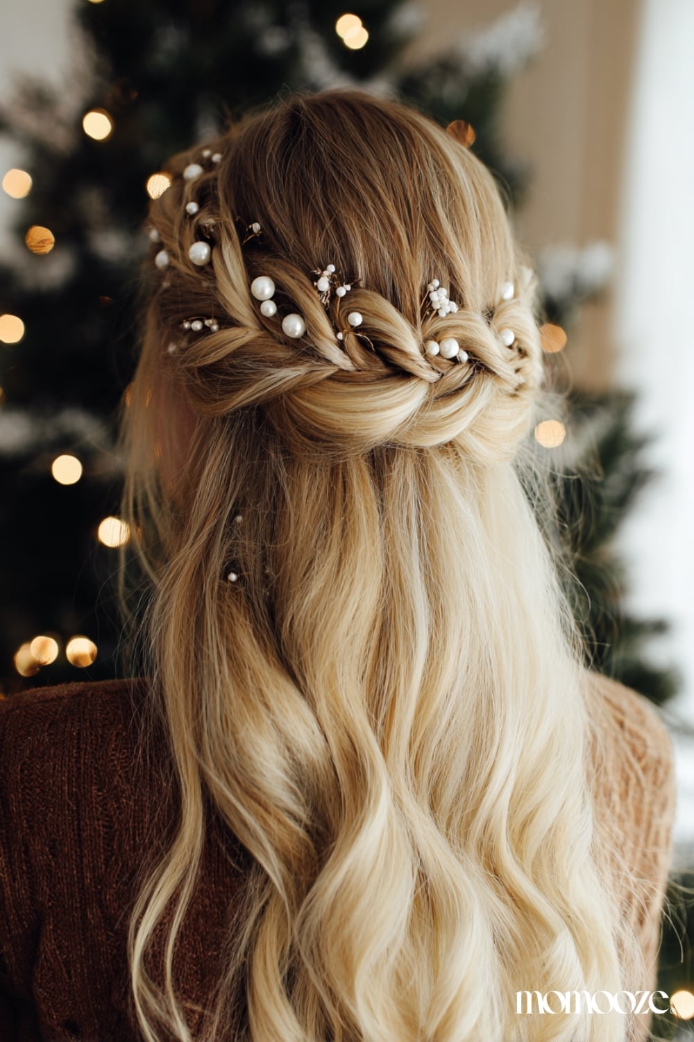 Blonde Braided Crown With Pearl Accents — Christmas Hairstyles
