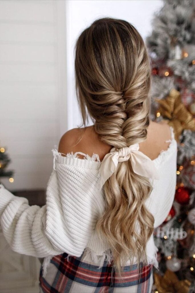 Ash Blonde Fishtail Braid With Satin Bow — Christmas Hairstyles