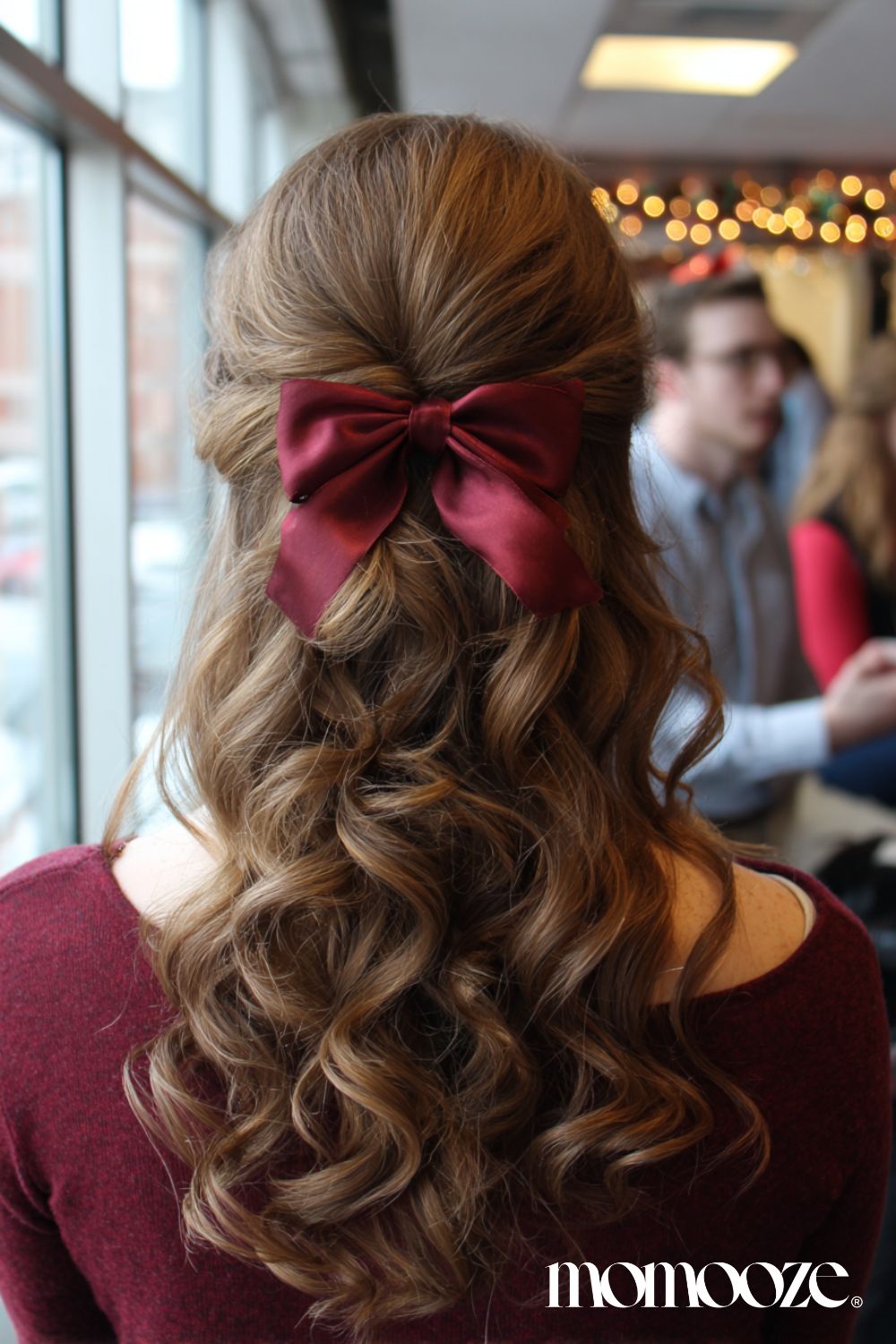 Brown Half-Up Half-Down With Burgundy Bow — Christmas Hairstyles