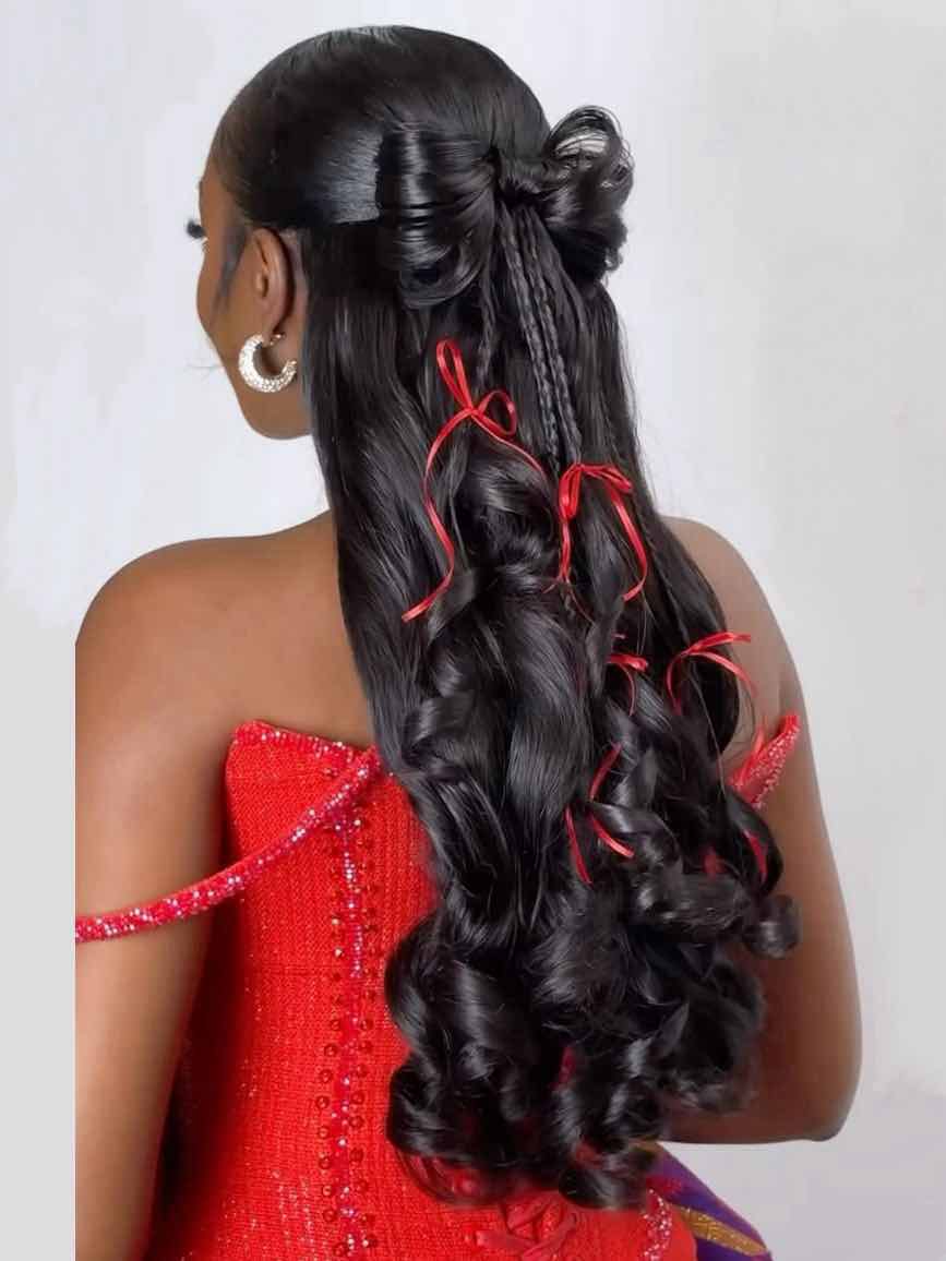 Black Curly Half-Up Half-Down With Red Ribbons — Christmas Hairstyles