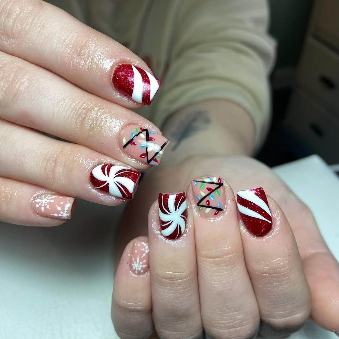 Christmas Lights and Candy Cane Square Nails