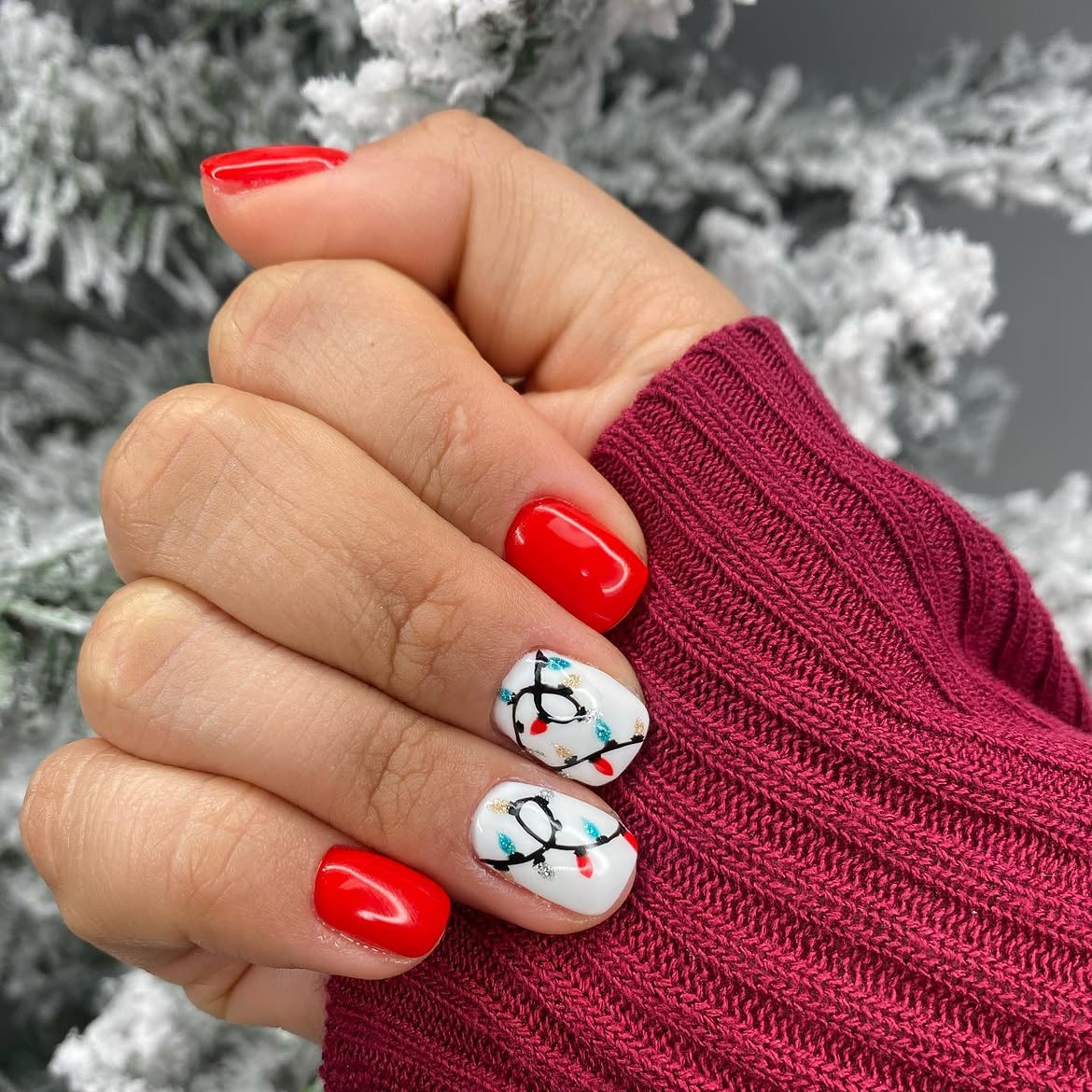 Christmas Lights French Tip Accent Nails