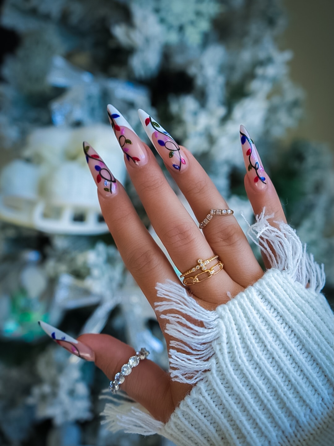 Christmas Lights French Tip Stiletto Nails