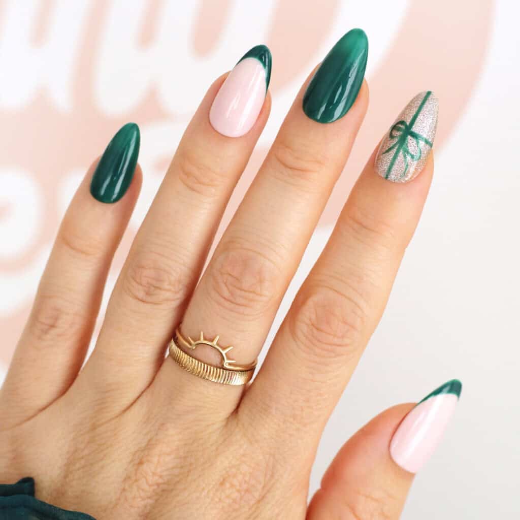 Green Bow Accent Deep Green and Pink Almond Nails Green Bow Accent Deep Green and Pink Almond Nails — Christmas Nails