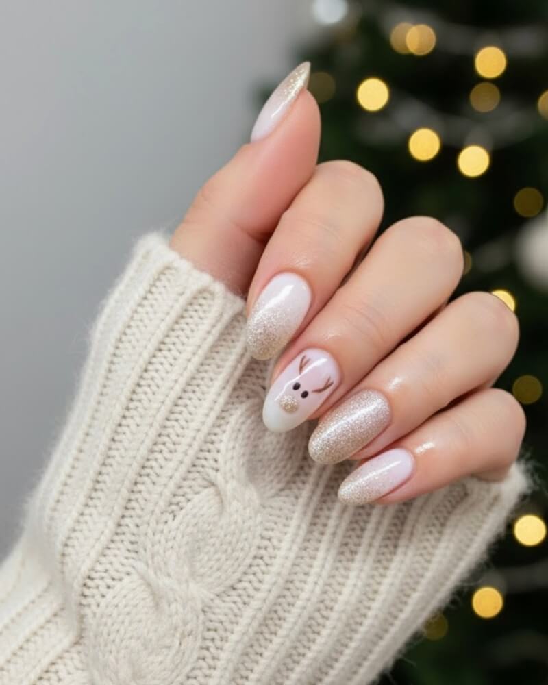 Reindeer Face and Glitter Medium Oval Nails Reindeer Face and Glitter Medium Oval Nails — Christmas Nails