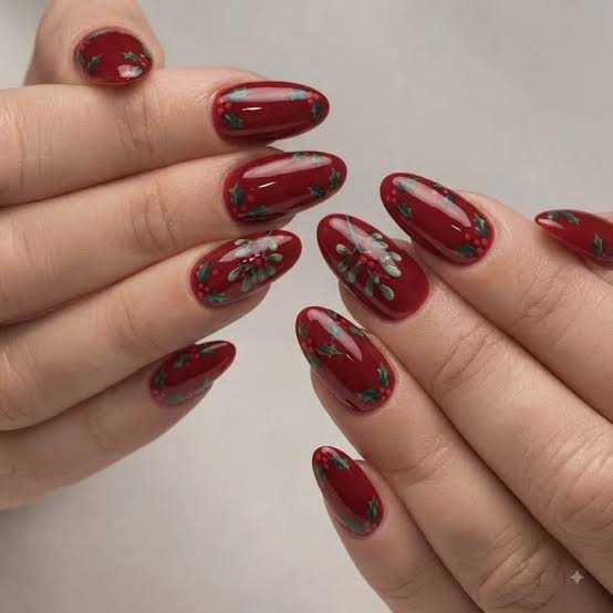 Holly Berry Deep Red Medium Almond Nails Holly Berry Deep Red Medium Almond Nails — Christmas Nails