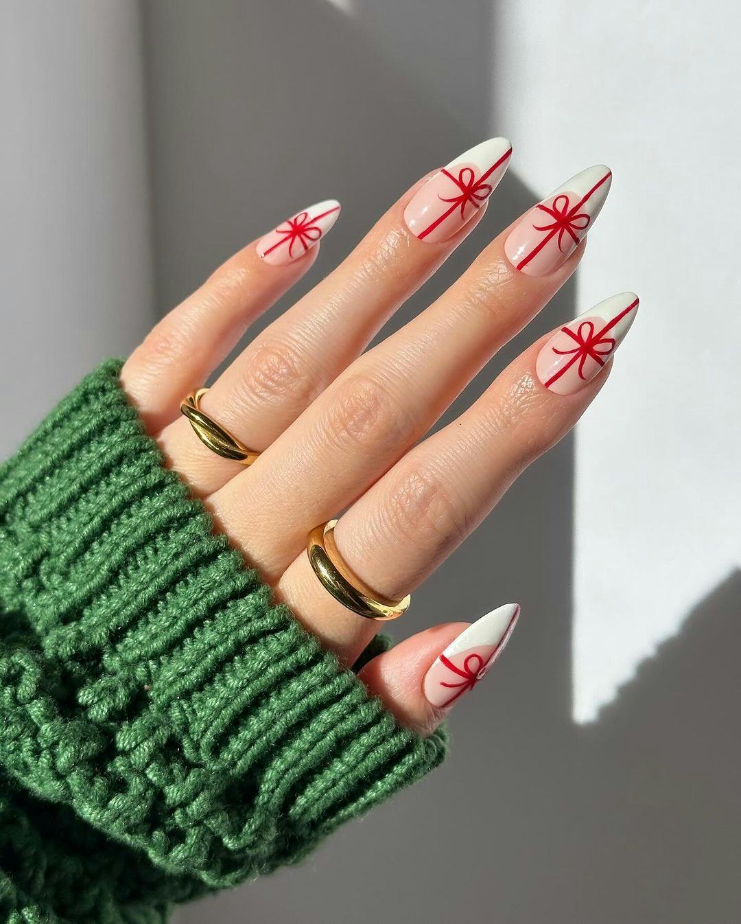 Red Ribbon Bow French Tip Long Stiletto Nails Red Ribbon Bow French Tip Long Stiletto Nails — Christmas Nails