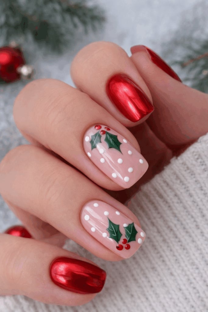 Metallic Red and Polka Dot Holly Short Square Nails Metallic Red and Polka Dot Holly Short Square Nails — Christmas Nails