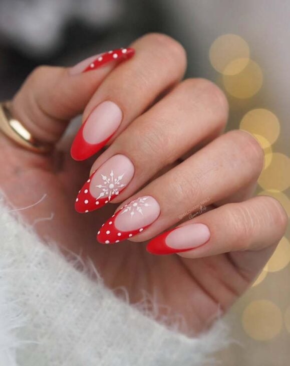 Snowflake Polka Dot Red French Medium Almond Nails, Glossy Snowflake Polka Dot Red French Medium Almond Nails, Glossy — Christmas Nails